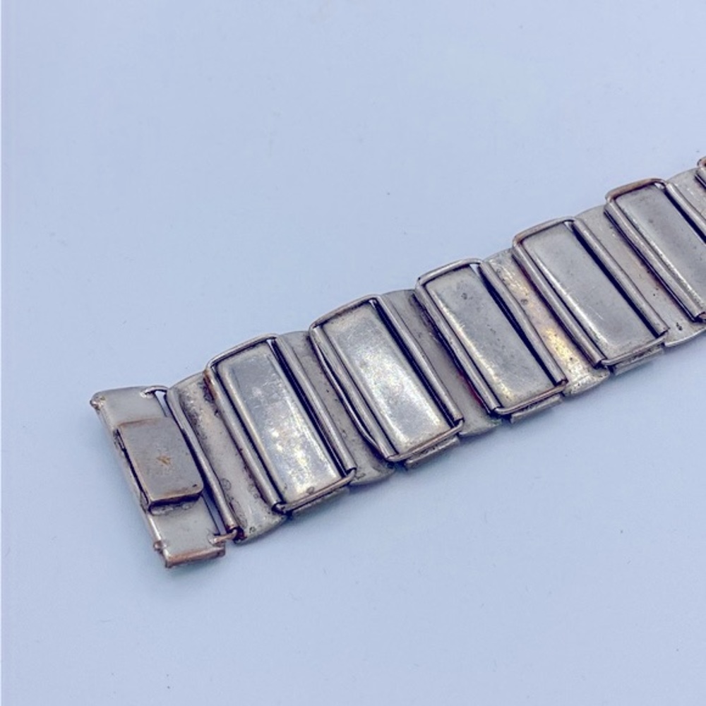 Vintage Art Deco Geometric Shape Silver And Green Glass Stones Linked Bracelet - Picture 5 of 7